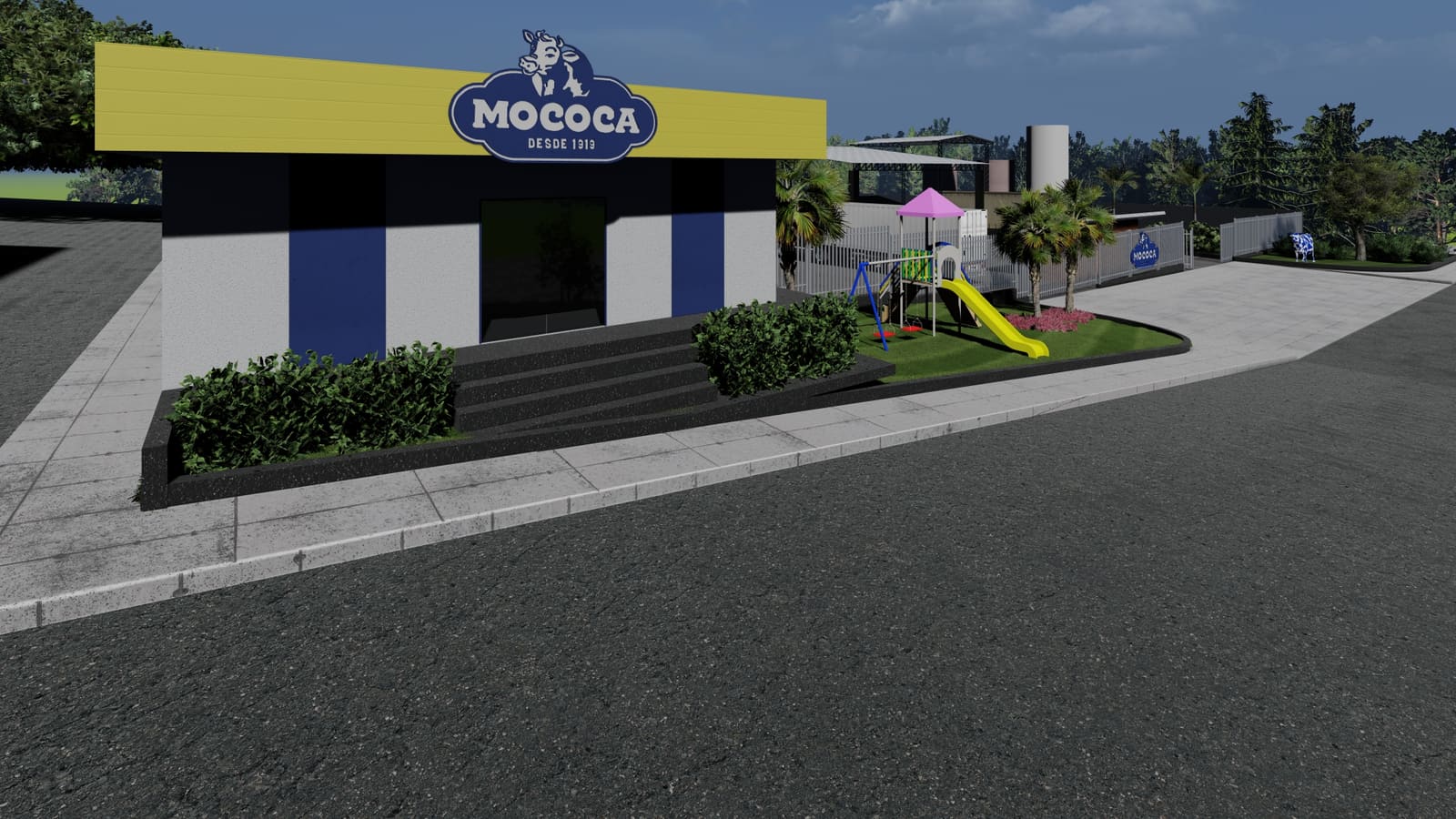 Fachada de unidade industrial com jardim e playground